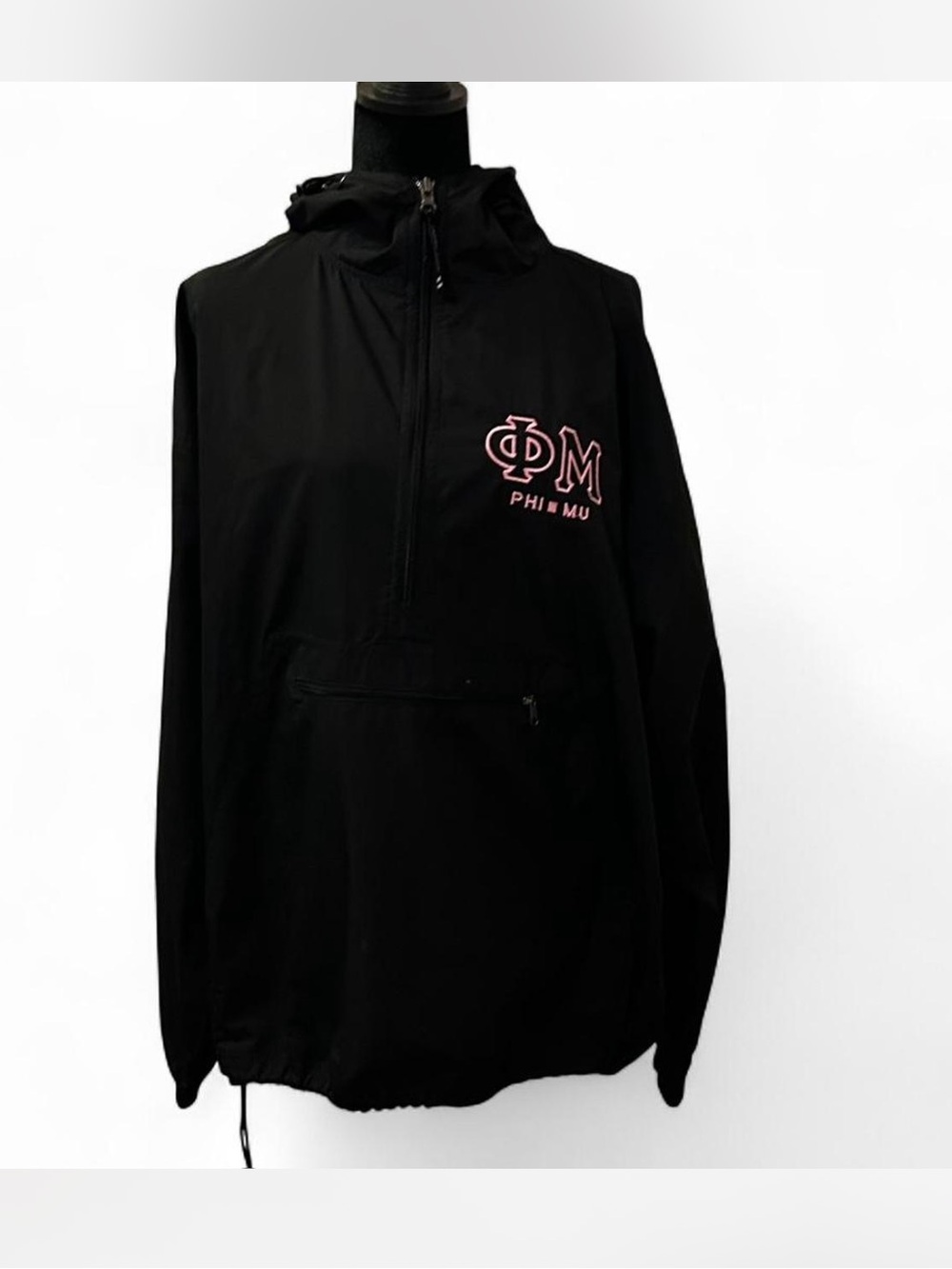 Charles River Apparel Black Windbreaker with Pink Phi Mu Embroidery